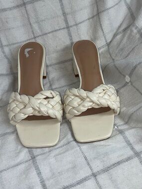 Braided Square-Toe Cream Slide Heels